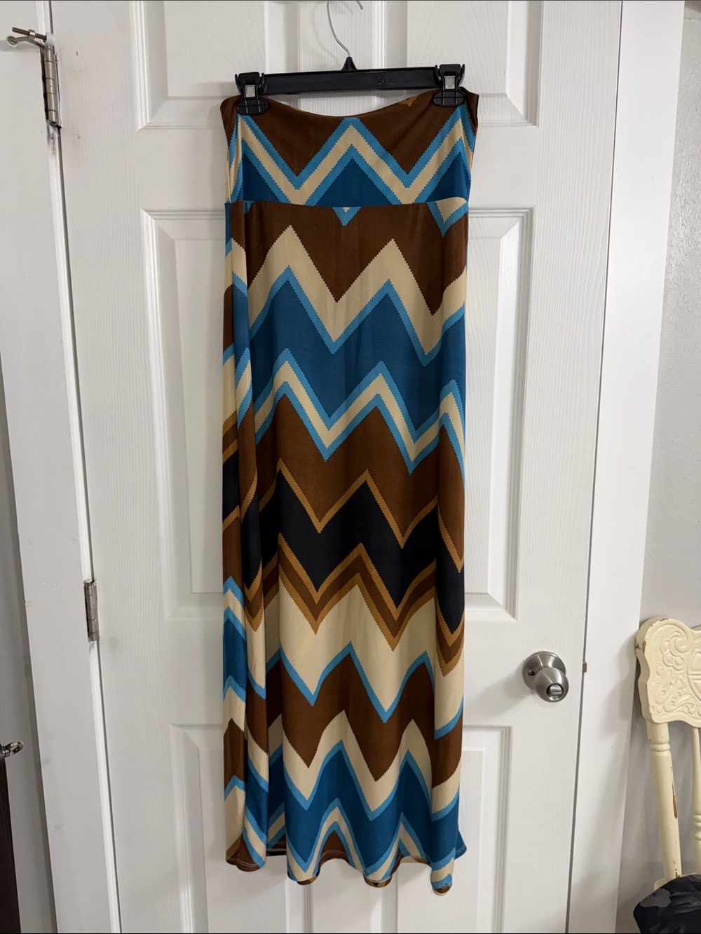 Chevron Maxi Skirt in Brown, Blue & Cream